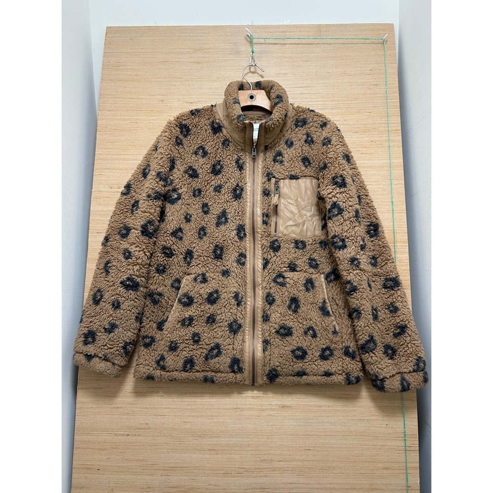 Abercrombie & Fitch Leopard Sherpa Fleece Jacket Small Tan Black Full Zip Mock